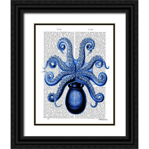 Vintage Blue Octopus 1 Underside Black Ornate Wood Framed Art Print with Double Matting by Fab Funky