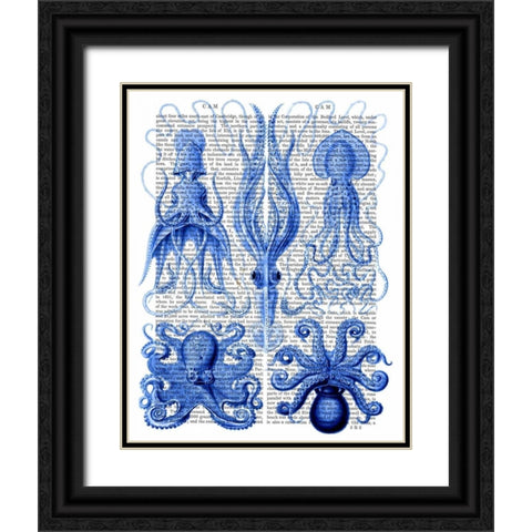 Octopus and Squid Blue Black Ornate Wood Framed Art Print with Double Matting by Fab Funky