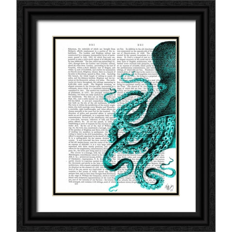 Octopus Green Half Black Ornate Wood Framed Art Print with Double Matting by Fab Funky