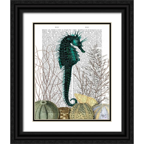 SeaHorse and Sea Urchins Black Ornate Wood Framed Art Print with Double Matting by Fab Funky