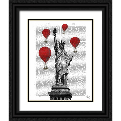 Statue Of Liberty and Red Hot Air Balloons Black Ornate Wood Framed Art Print with Double Matting by Fab Funky