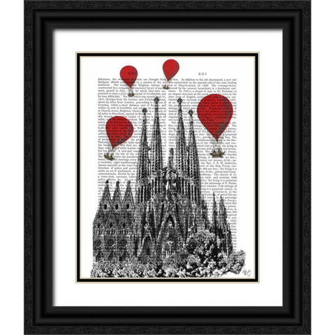 Sagrada Familia and Red Hot Air Balloons Black Ornate Wood Framed Art Print with Double Matting by Fab Funky