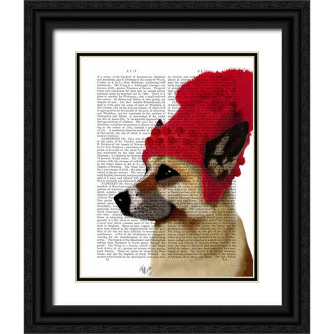 German Shepherd in Red Woolly Hat Black Ornate Wood Framed Art Print with Double Matting by Fab Funky