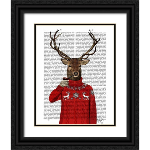 Deer in Ski Sweater Black Ornate Wood Framed Art Print with Double Matting by Fab Funky