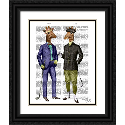 Golfing Giraffes Black Ornate Wood Framed Art Print with Double Matting by Fab Funky