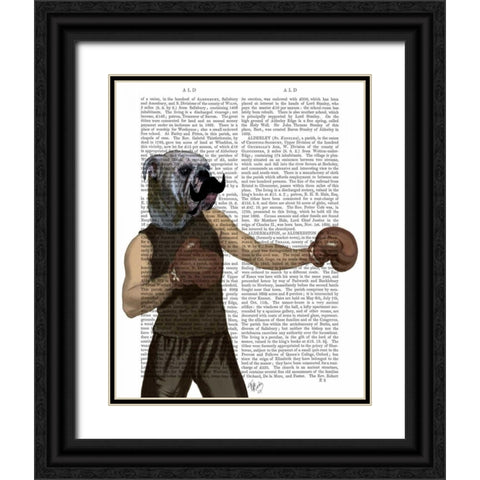 Boxing Bulldog Portrait Black Ornate Wood Framed Art Print with Double Matting by Fab Funky