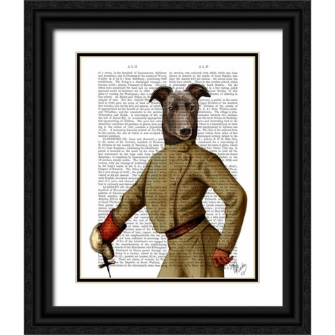 Greyhound Fencer Dark Portrait Black Ornate Wood Framed Art Print with Double Matting by Fab Funky