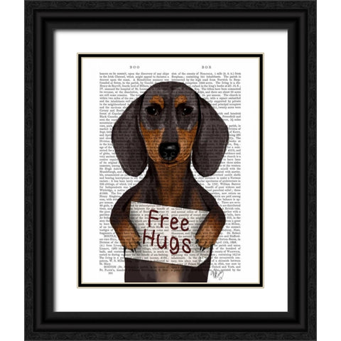 Dachshund Free Hugs Black Ornate Wood Framed Art Print with Double Matting by Fab Funky