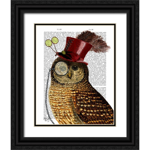 Owl With Top Hat Black Ornate Wood Framed Art Print with Double Matting by Fab Funky