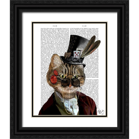 Phileas Feline Steampunk Cat and Top Hat Black Ornate Wood Framed Art Print with Double Matting by Fab Funky