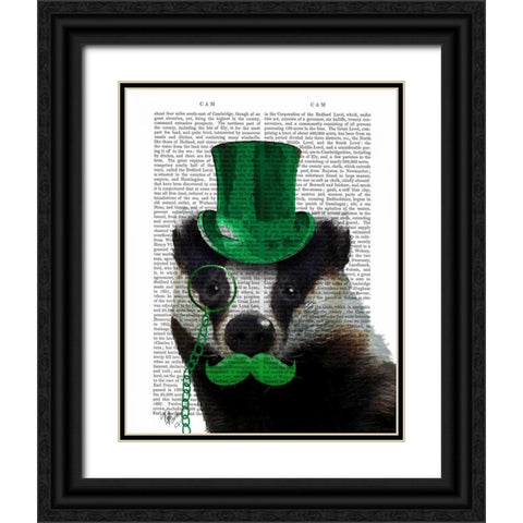 Badger with Green Top Hat and Moustache Black Ornate Wood Framed Art Print with Double Matting by Fab Funky