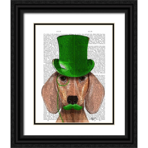Dachshund With Green Top Hat and Moustache Black Ornate Wood Framed Art Print with Double Matting by Fab Funky