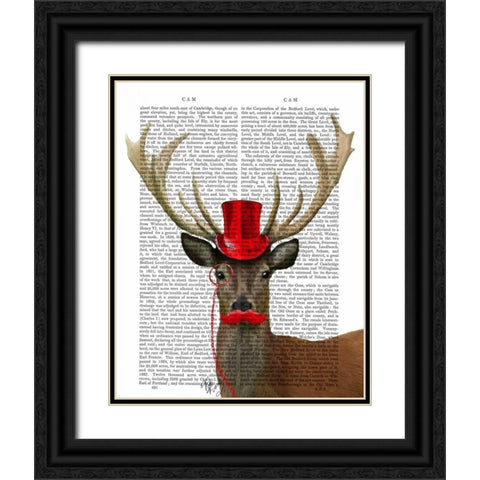 Deer with Red Top Hat and Moustache Black Ornate Wood Framed Art Print with Double Matting by Fab Funky