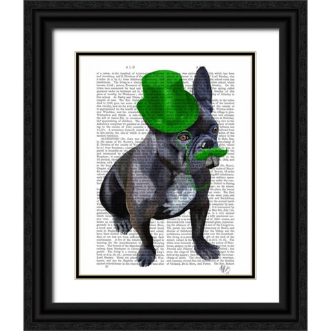 French Bulldog With Green Top Hat and Moustache Black Ornate Wood Framed Art Print with Double Matting by Fab Funky