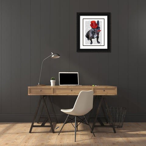 French Bulldog With Red Top Hat and Moustache Black Ornate Wood Framed Art Print with Double Matting by Fab Funky