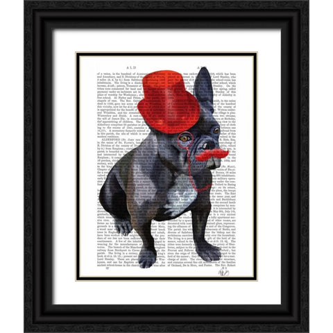 French Bulldog With Red Top Hat and Moustache Black Ornate Wood Framed Art Print with Double Matting by Fab Funky