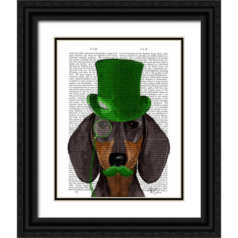 Dachshund with Green Top Hat Black Tan Black Ornate Wood Framed Art Print with Double Matting by Fab Funky