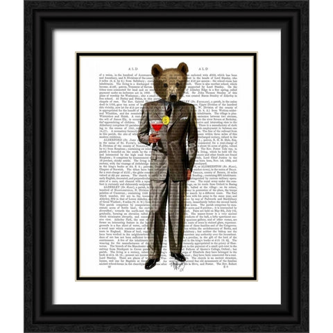 Bear with Cocktail Black Ornate Wood Framed Art Print with Double Matting by Fab Funky