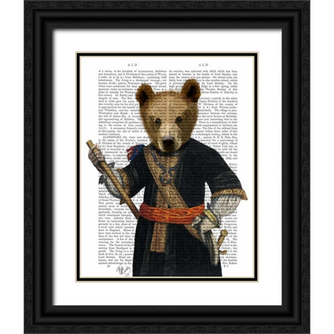 Bear in Blue Robes Black Ornate Wood Framed Art Print with Double Matting by Fab Funky