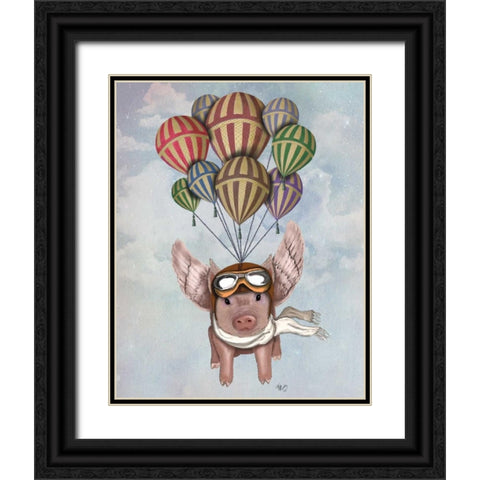 Pig And Balloons Black Ornate Wood Framed Art Print with Double Matting by Fab Funky