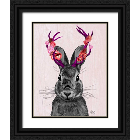 Jackalope with Pink Antlers Black Ornate Wood Framed Art Print with Double Matting by Fab Funky