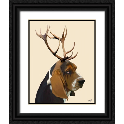 Basset Hound and Antlers Black Ornate Wood Framed Art Print with Double Matting by Fab Funky