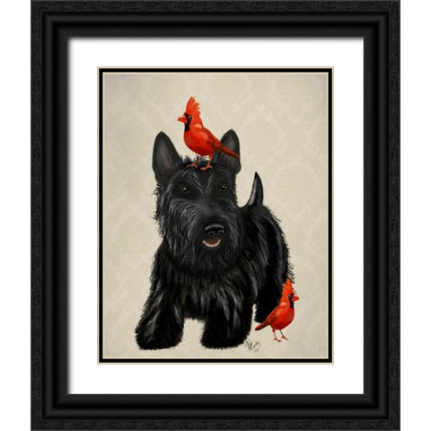 Scottie Dog and Red Birds Black Ornate Wood Framed Art Print with Double Matting by Fab Funky