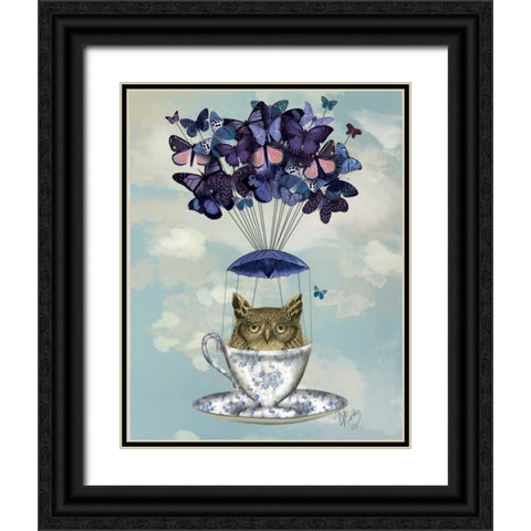 Owl In Teacup Black Ornate Wood Framed Art Print with Double Matting by Fab Funky
