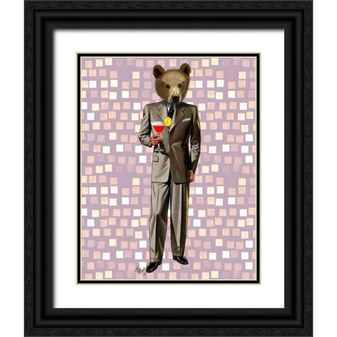 Bear With Cocktail Black Ornate Wood Framed Art Print with Double Matting by Fab Funky