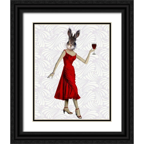 Rabbit in Red Dress Black Ornate Wood Framed Art Print with Double Matting by Fab Funky