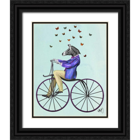Zebra On Bicycle Black Ornate Wood Framed Art Print with Double Matting by Fab Funky