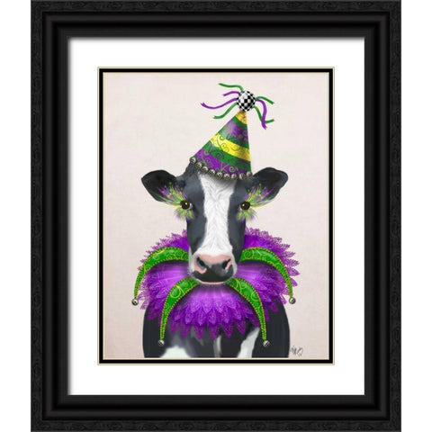 Mardi Gras Cow Black Ornate Wood Framed Art Print with Double Matting by Fab Funky