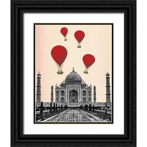Taj Mahal and Red Hot Air Balloons Black Ornate Wood Framed Art Print with Double Matting by Fab Funky