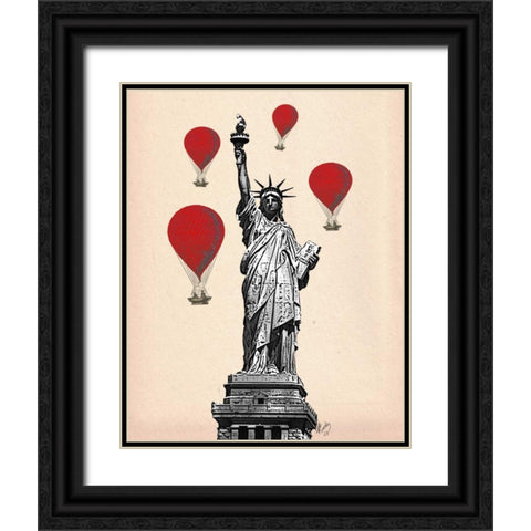 Statue Of Liberty and Red Hot Air Balloons Black Ornate Wood Framed Art Print with Double Matting by Fab Funky