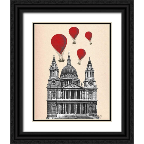 St Pauls Cathedral and Red Hot Air Balloons Black Ornate Wood Framed Art Print with Double Matting by Fab Funky
