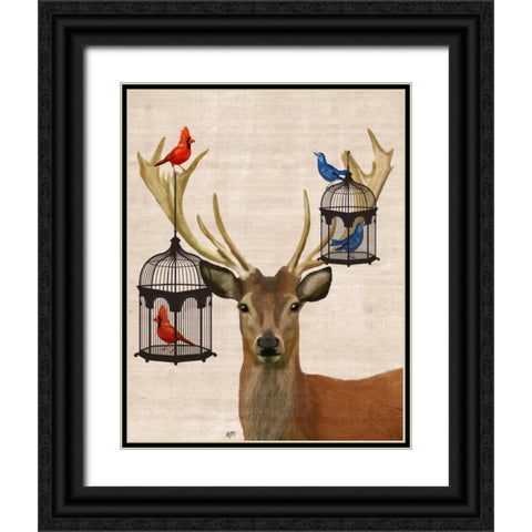 Deer And Bird Cages Black Ornate Wood Framed Art Print with Double Matting by Fab Funky