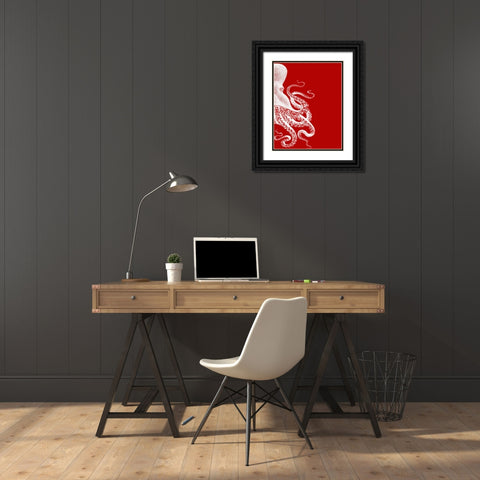 Octopus Red and White b Black Ornate Wood Framed Art Print with Double Matting by Fab Funky