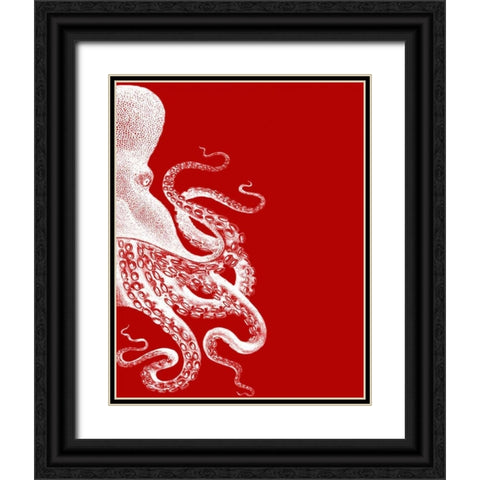 Octopus Red and White b Black Ornate Wood Framed Art Print with Double Matting by Fab Funky