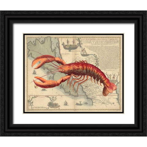 Lobster print on Nautical Map Black Ornate Wood Framed Art Print with Double Matting by Fab Funky