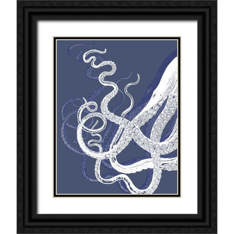 White Octopus on Indigo Blue c Black Ornate Wood Framed Art Print with Double Matting by Fab Funky