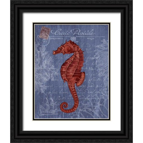 Seaside Postcard Red on Blue b Black Ornate Wood Framed Art Print with Double Matting by Fab Funky