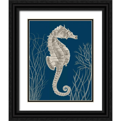 Silver Grey Seahorses on Blue a Black Ornate Wood Framed Art Print with Double Matting by Fab Funky