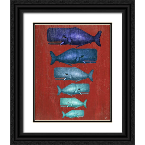 Whale Family Blue on Red Black Ornate Wood Framed Art Print with Double Matting by Fab Funky