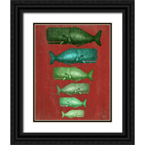 Whale Family Green on Red Black Ornate Wood Framed Art Print with Double Matting by Fab Funky