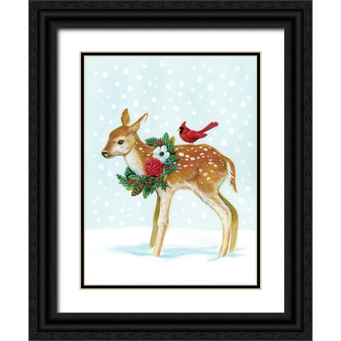 Winter Woodland Creatures with Cardinals II Black Ornate Wood Framed Art Print with Double Matting by Marr, Laura