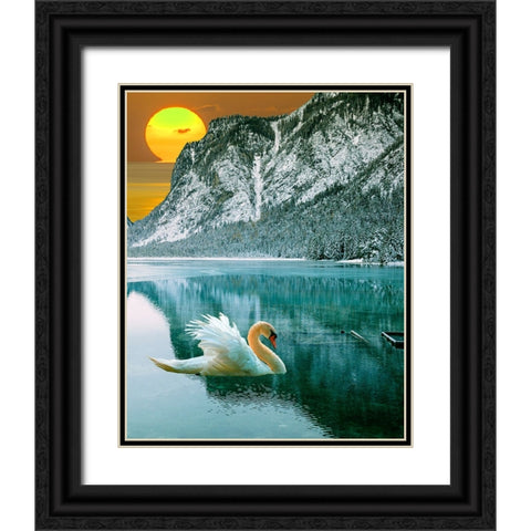 Swan at Dawn II Black Ornate Wood Framed Art Print with Double Matting by Wang, Melissa