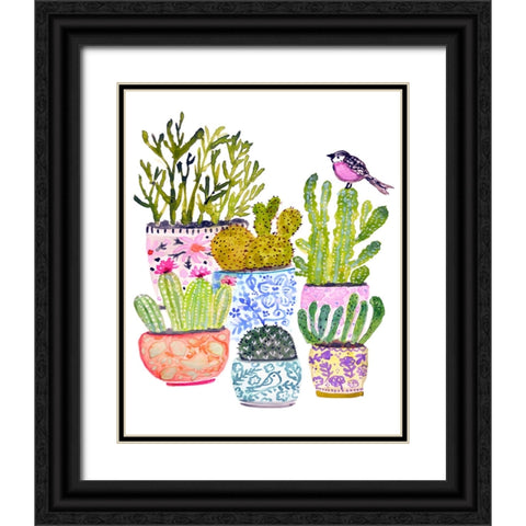 Cactus and Pink Bird Black Ornate Wood Framed Art Print with Double Matting by Fields, Karen