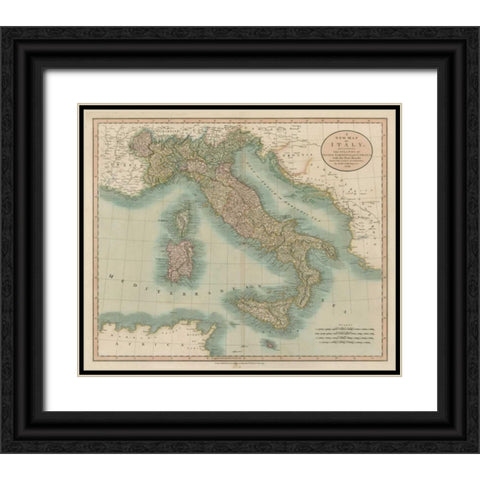 Vintage Map of Italy Black Ornate Wood Framed Art Print with Double Matting by Cary, John