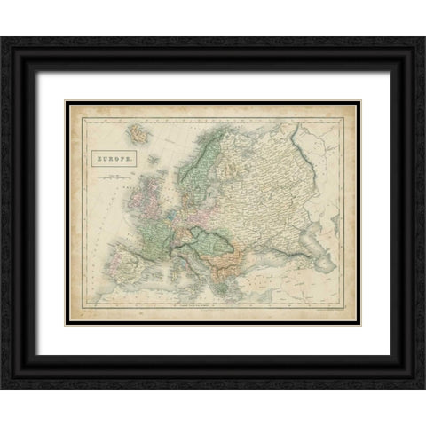 Map of Europe Black Ornate Wood Framed Art Print with Double Matting by Hall, Sidney