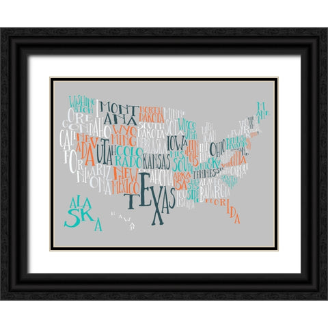 Orange Taffy US Typography Map Black Ornate Wood Framed Art Print with Double Matting by Inner Circle